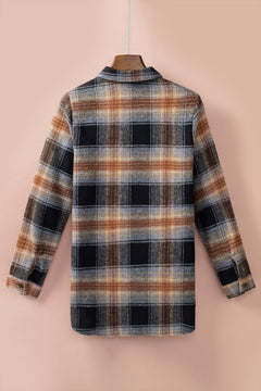 Black Oversize Rounded Hem Plaid Shacket with Slits